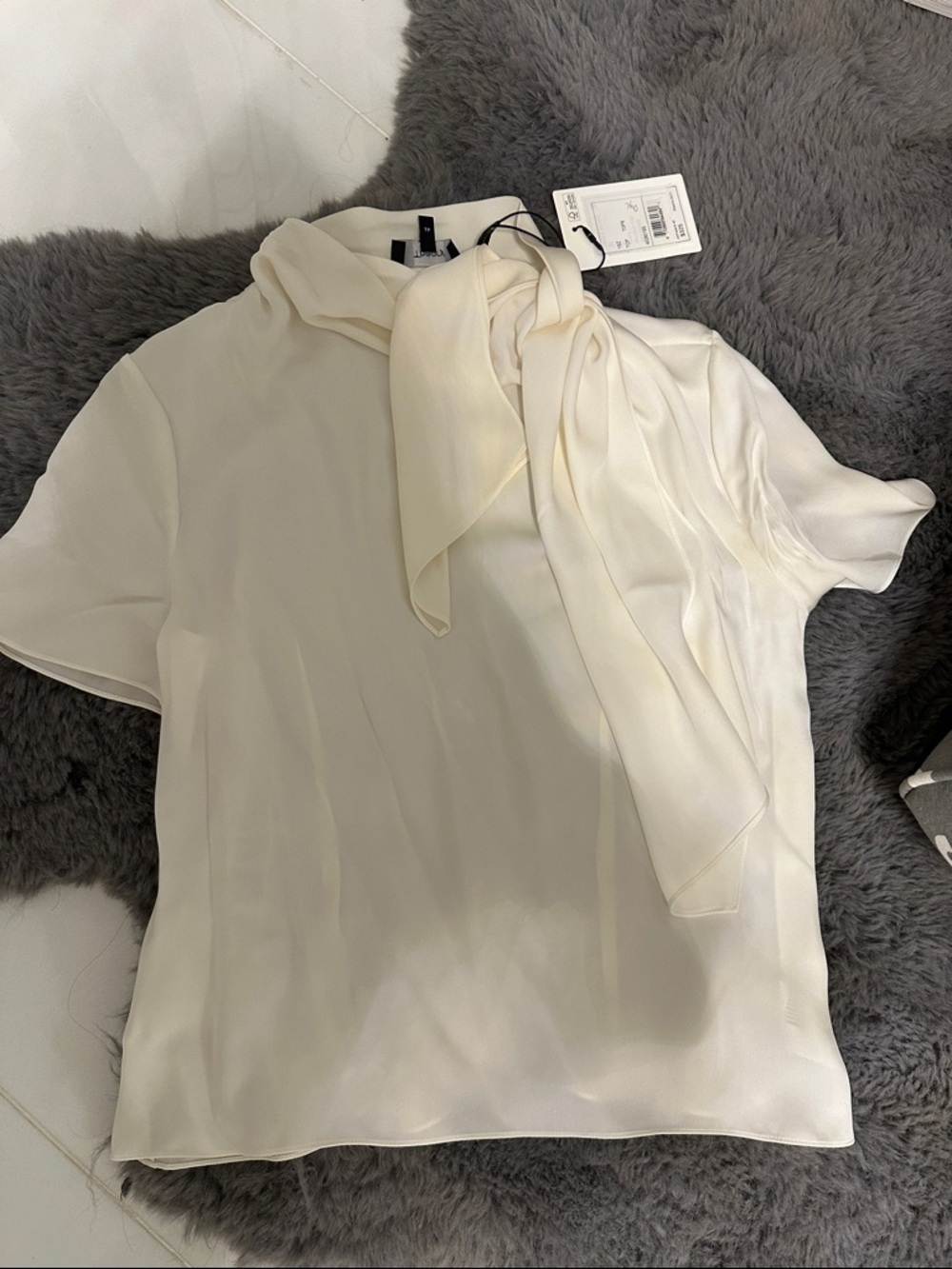 Theory ivory silk Tie-Neck Short Sleeve Blouse